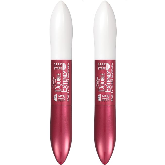 L'Oreal Paris Makeup Double Extend Tubing Mascara, Lengthening 2 Step Mascara, Smudgeproof, Black, Pack of 2