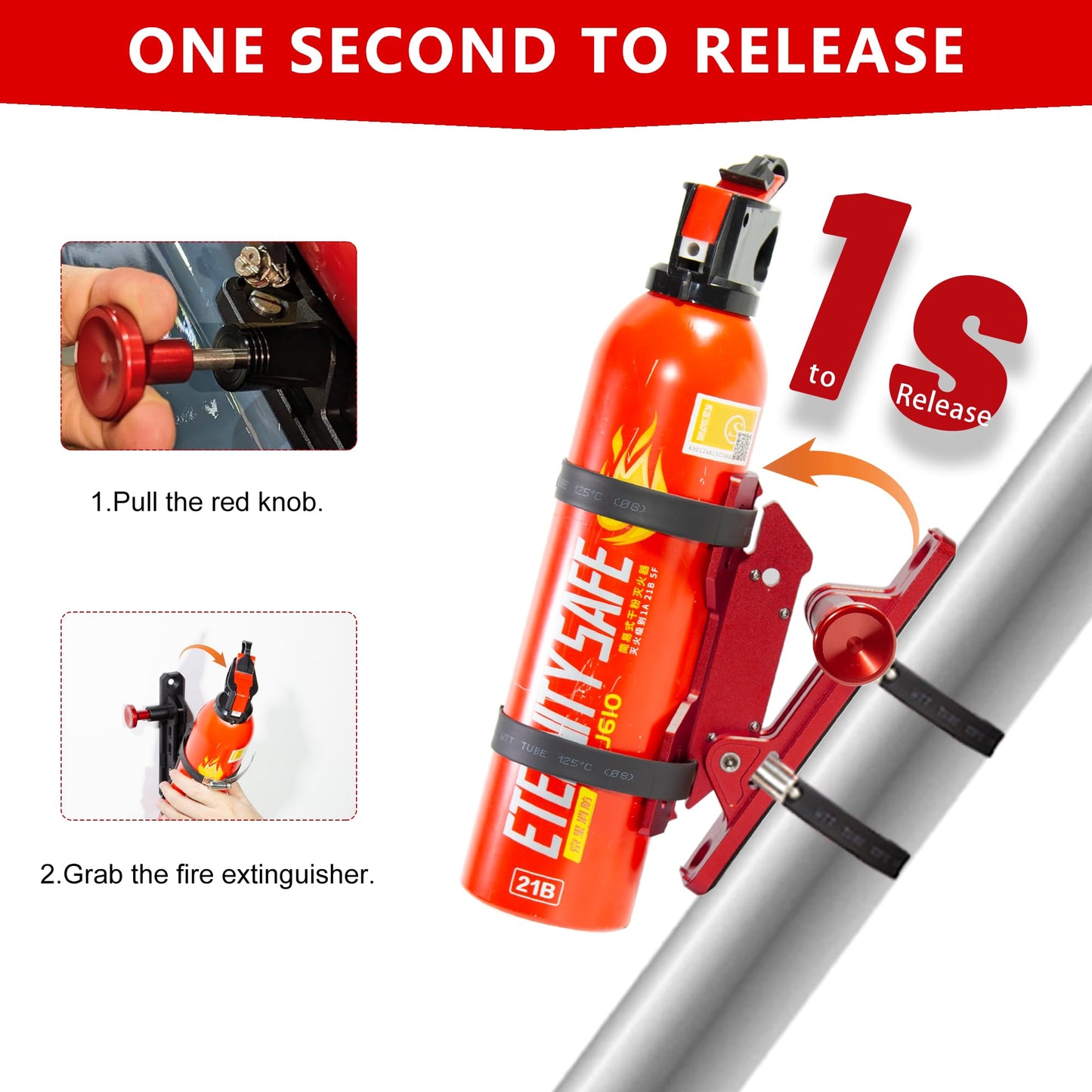 Quick Release Fire Extinguisher Mount - Aluminum Adjustable UTV Roll Bar Fire Extinguisher Holder Mounting Bracket Compatible with Jeep Wrangler TJ JK JL JKU Polaris RZR Ranger Can-Am X3, Red