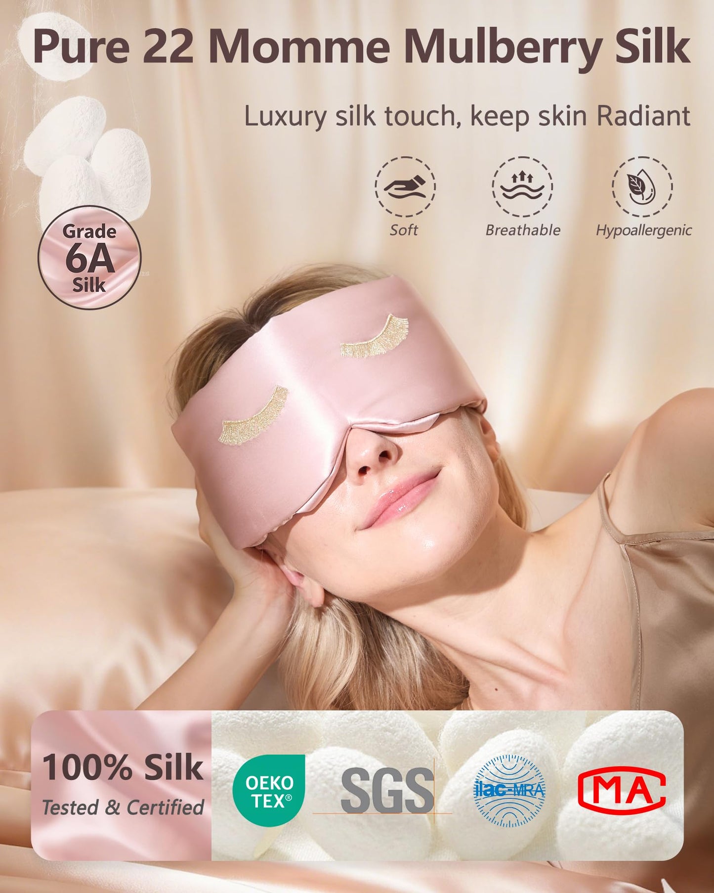 BeeVines Pure Silk 3D Sleep Mask for Women, Luxury 100% 22 Momme Mulberry Silk 3D Contoured Eye Mask for Lash Extensions, Zero Eye Pressure & Blackout Blindfold for Sleeping, with Adjustable Band