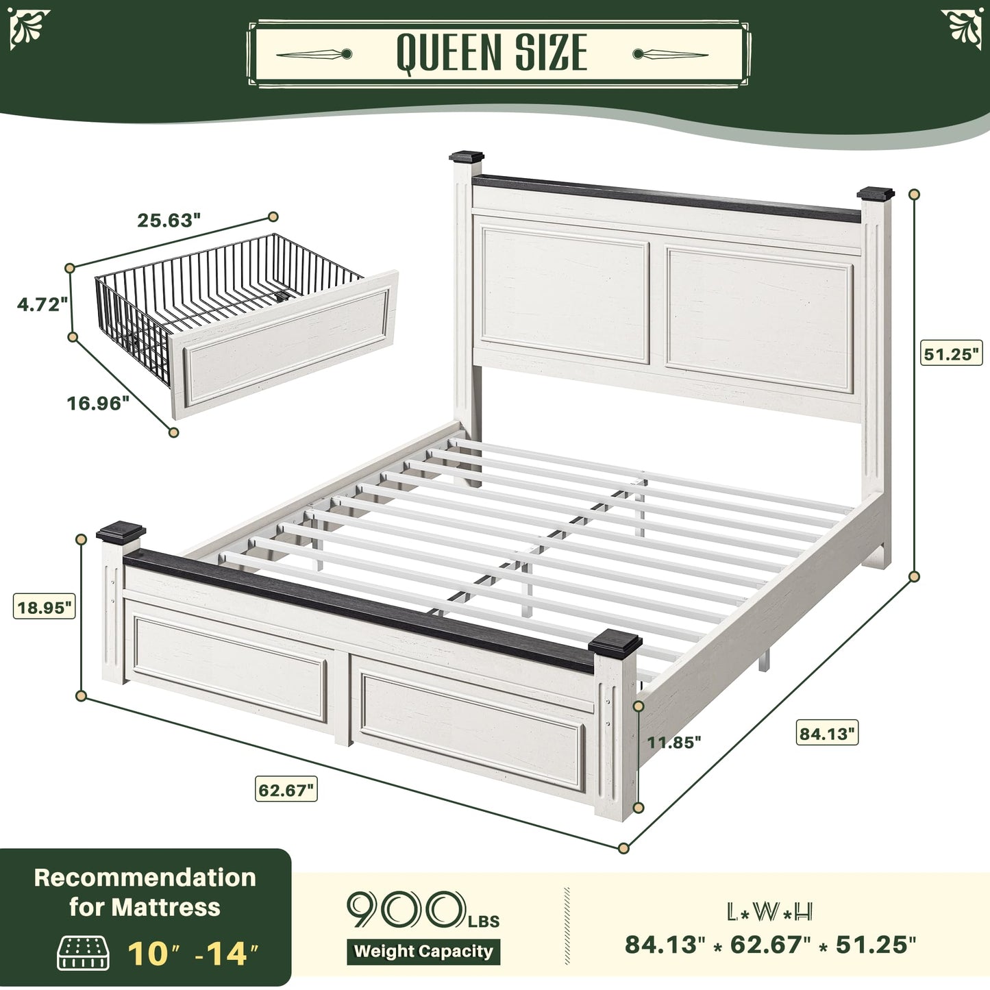 Homkdom Queen Bed Frame with Storage Drawers and 51.25" H Headboard, Modern Queen Size Bed Frame with Storage,NO Noise,No Box Spring Needed,White
