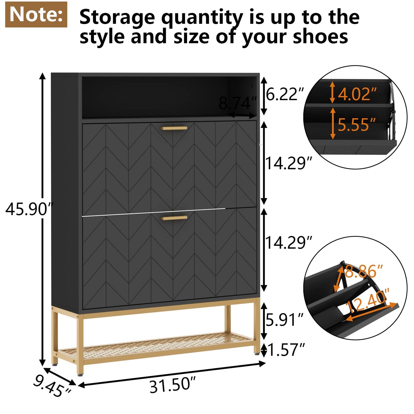 Loomie Free Standing Tipping Bucket Shoe Rack Organizer with 2 Flip Drawers, Narrow Entryway Shoe Storage with Shelf & Top Cubby, Modern Slim Hidden Cabinet with Doors (Black)