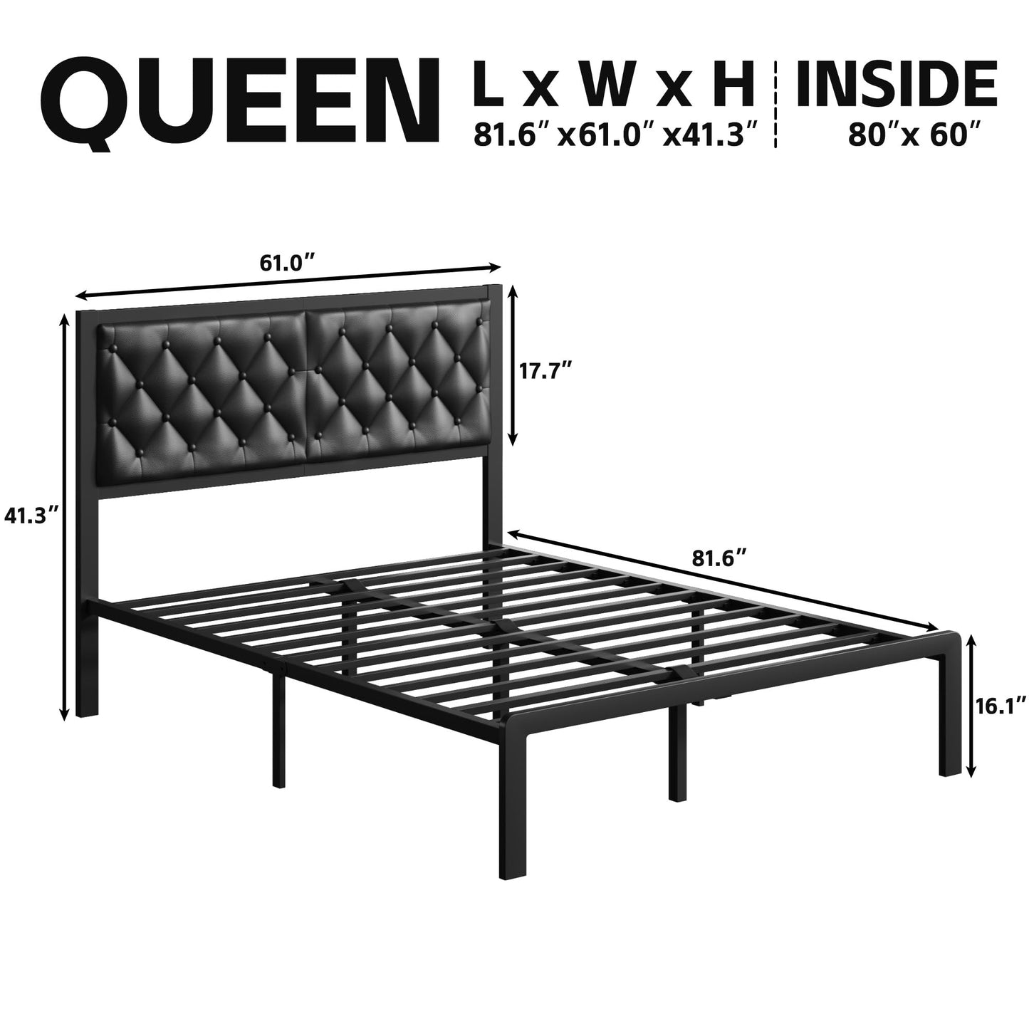 Fluest Queen Bed Frame with Headboard PU Leather Upholstered Bed Frame Platform,All Metal Slats Support Platform Bed Frame with Storage Space,Easy Assembly,Noise Free,No Box Spring Needed,Black