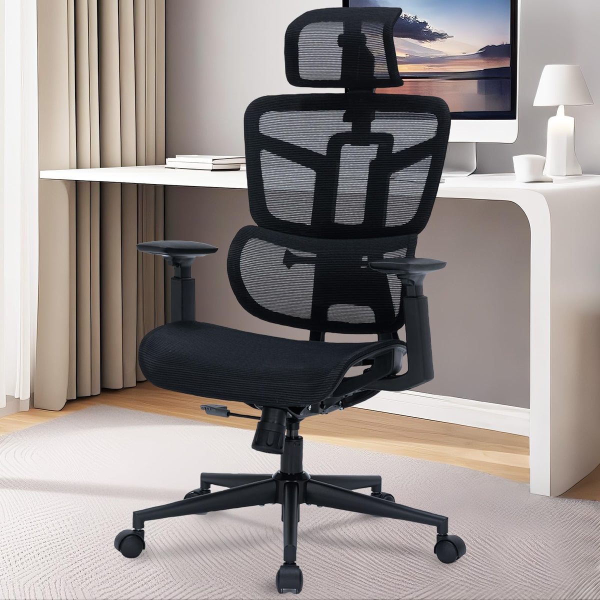 Ergonomic Mesh Office Chair, High Back for Home Office Desk Chairs with Adjustable Lumbar Support, Computer Chair Gaming Comfy with Headrest and Armrests, 300lbs Heavy Duty, Recliner Swivel, Black