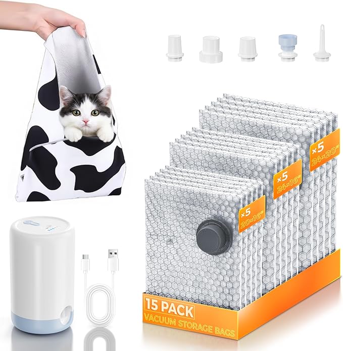 Travel Vacuum Storage Bags with Rechargeable Electric Pump, Compression Packing Seal Bag for Luggage and Suitcase, 5 Small + 5 Medium + 5 Large Space Saver Bags for Clothing Travel, 15 Pack