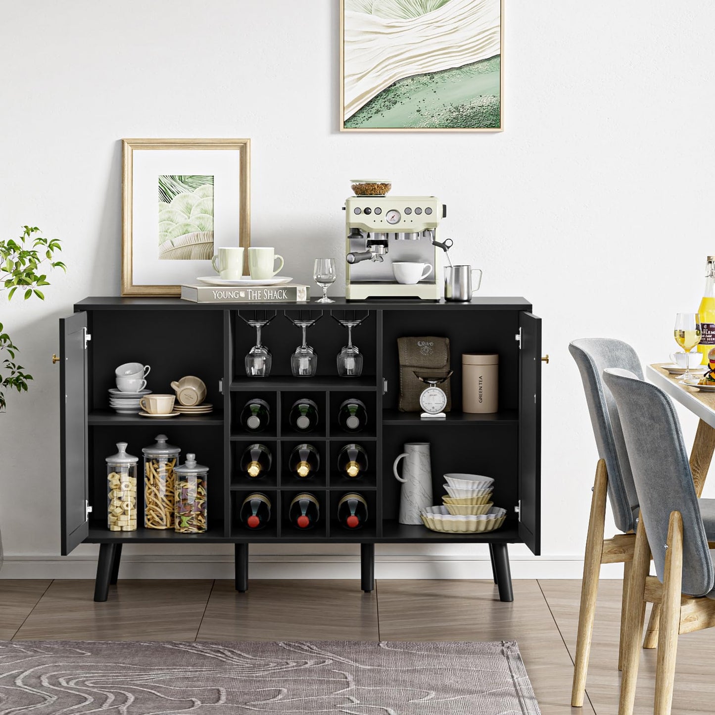 Giluta Kitchen Island - Farmhouse Coffee Bar Cabinet Kitchen Sideboard Cabinet Kitchen Cupboard Buffet Cabinet with Storage for Dining Room, Black