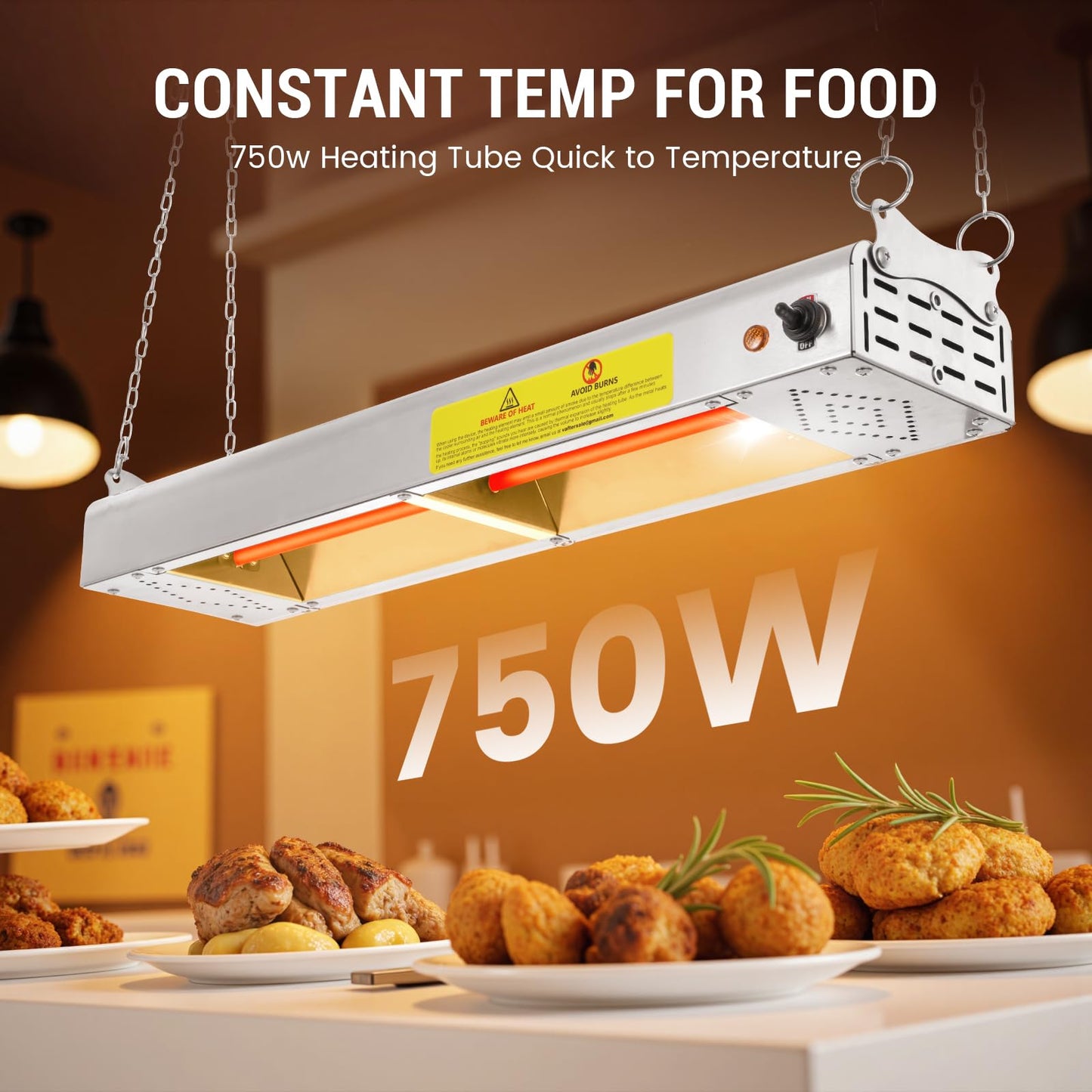 Hiteemer 24-Inch Food Heat Lamp, 750W Commercial Food Warmer Lamp Electric Strip Heater Overhead Stainless Steel Heat Lamps for Buffet Restaurant Parties Catering, Sliver 115V