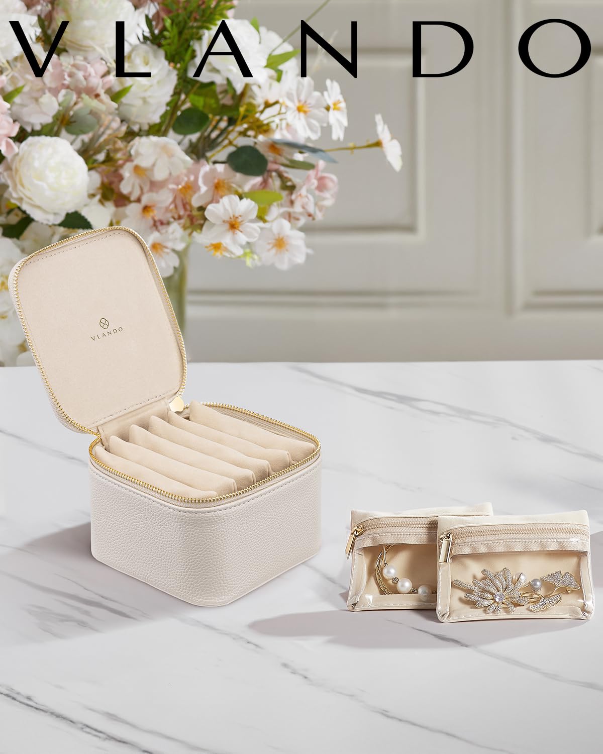 Vlando Travel Jewelry Case,Small Jewelry Box Organizer,Travel Jewelry Storage with 6 Velvet Jewelry Zipper Pockets, Birthday Gifts for Women Girls (White)