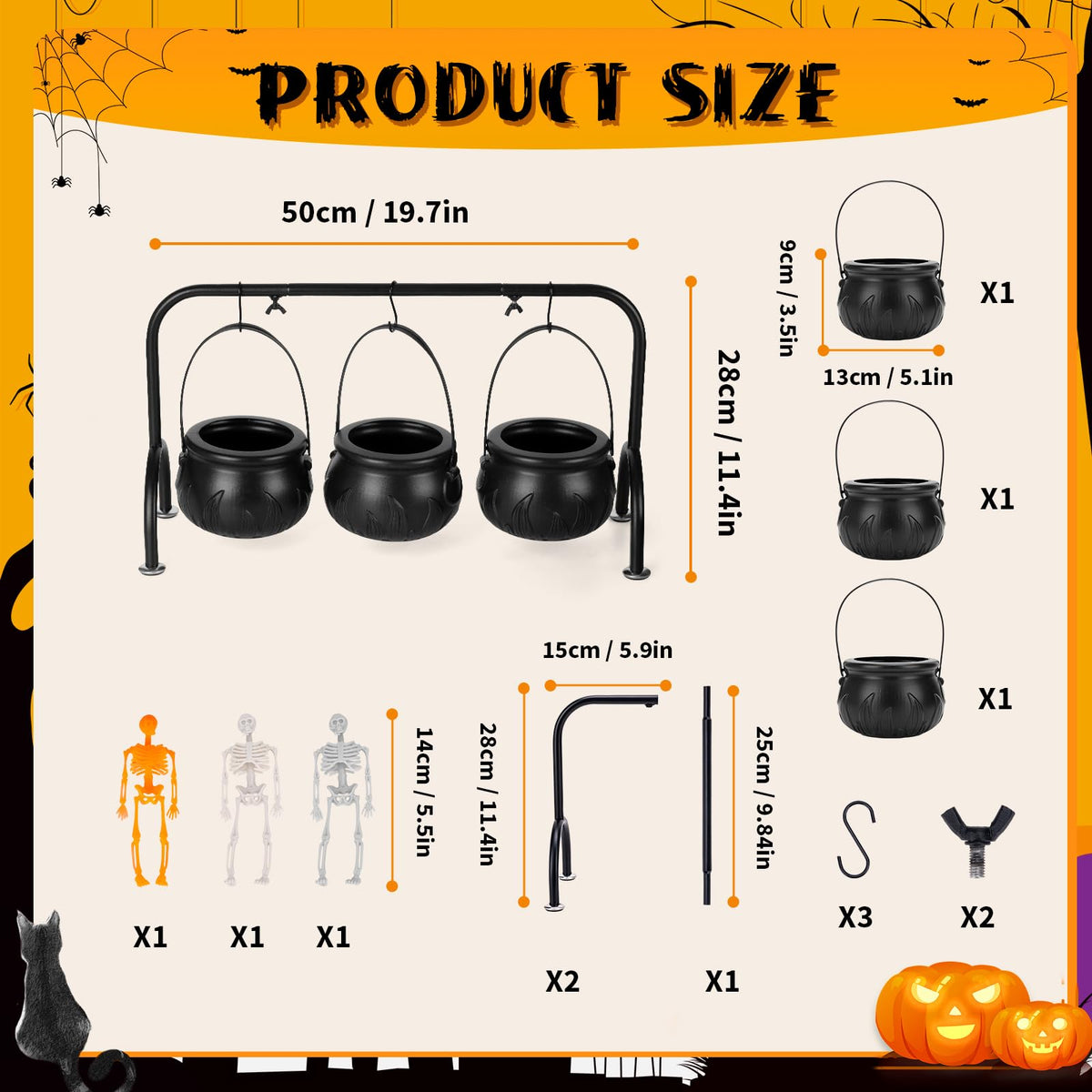 Rdogeia Halloween Decorations - Set of 3 Witches Cauldron Candy Serving Bowls on Rack, Black Plastic Cauldron with Skeletons for Indoor/Outdoor Home/Kitchen Decoration