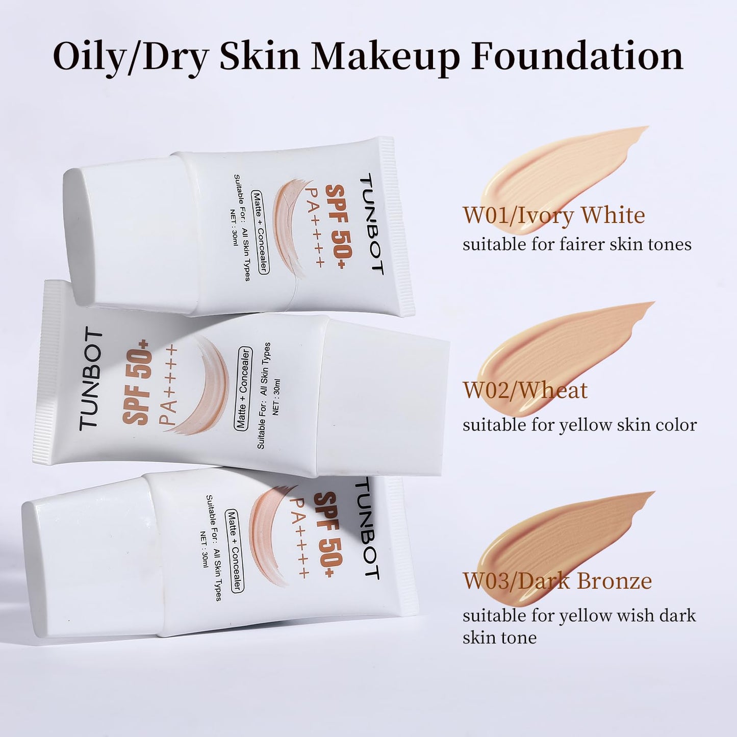 TUNBOT Long Lasting Concealer Foundation, SPF 50, Makeup to Cover Facial Imperfections, Unscented Foundation for All Skin Types