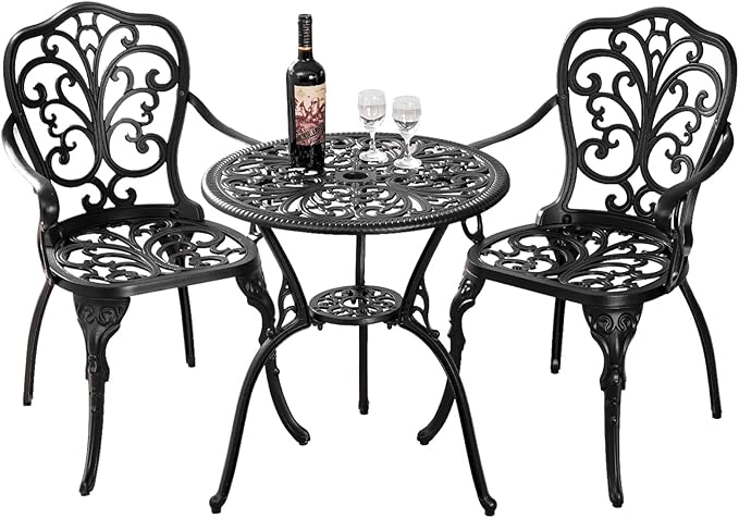 Withniture 3 Piece Patio Bistro Set Cast Aluminum Bistro Table and Chairs Set of 2 with Umbrella Hole,All Weather Metal Bistro Table Set,Outdoor Patio Furniture Set for Garden(Butterfly Black)