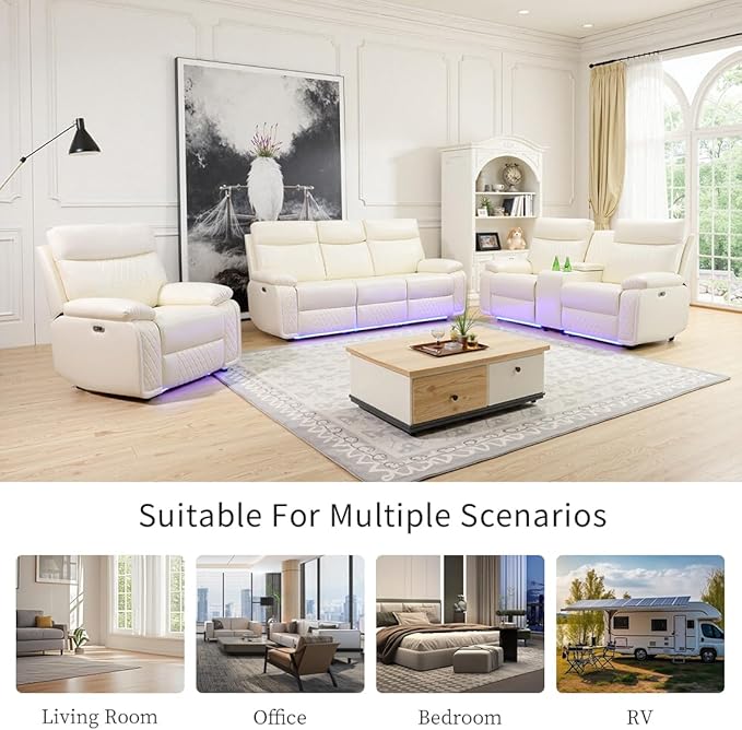 Toseslo Power Leather Sofa and 2 Chairs Set, Recliner Sofa Set with LED Light, Living Room Furniture Sets, Modern Power Reclining Sets with Cup Holder/Storage Console for House, Vanilla White