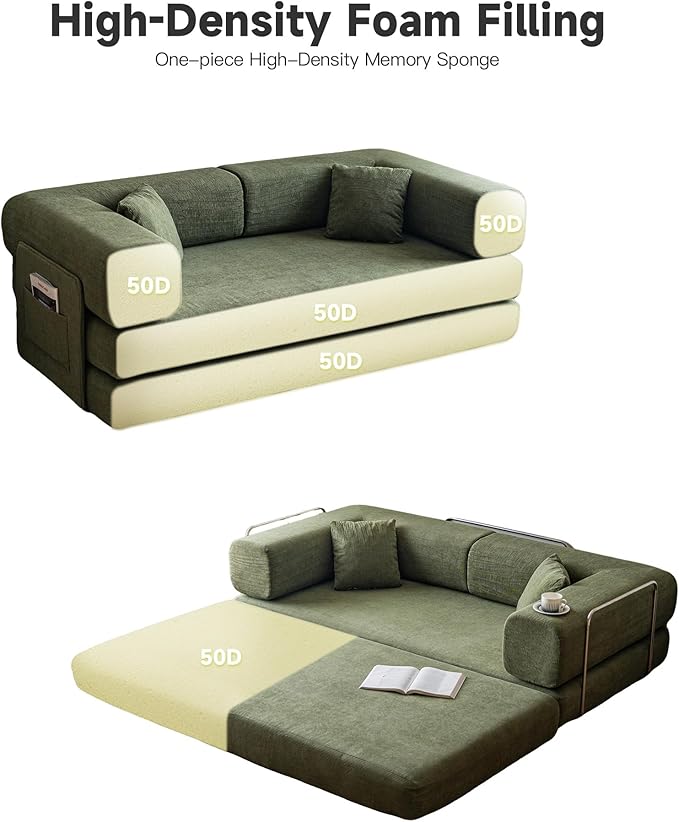 No Assembly Convertible Sofa Bed & 79" Boneless Couch with Pocket , 5-in-1 Futon Sofa Bed with 2 Pillows Modular Pull Out Couch Bed with Frame,Compression in Box for Living Room Small Spaces Green