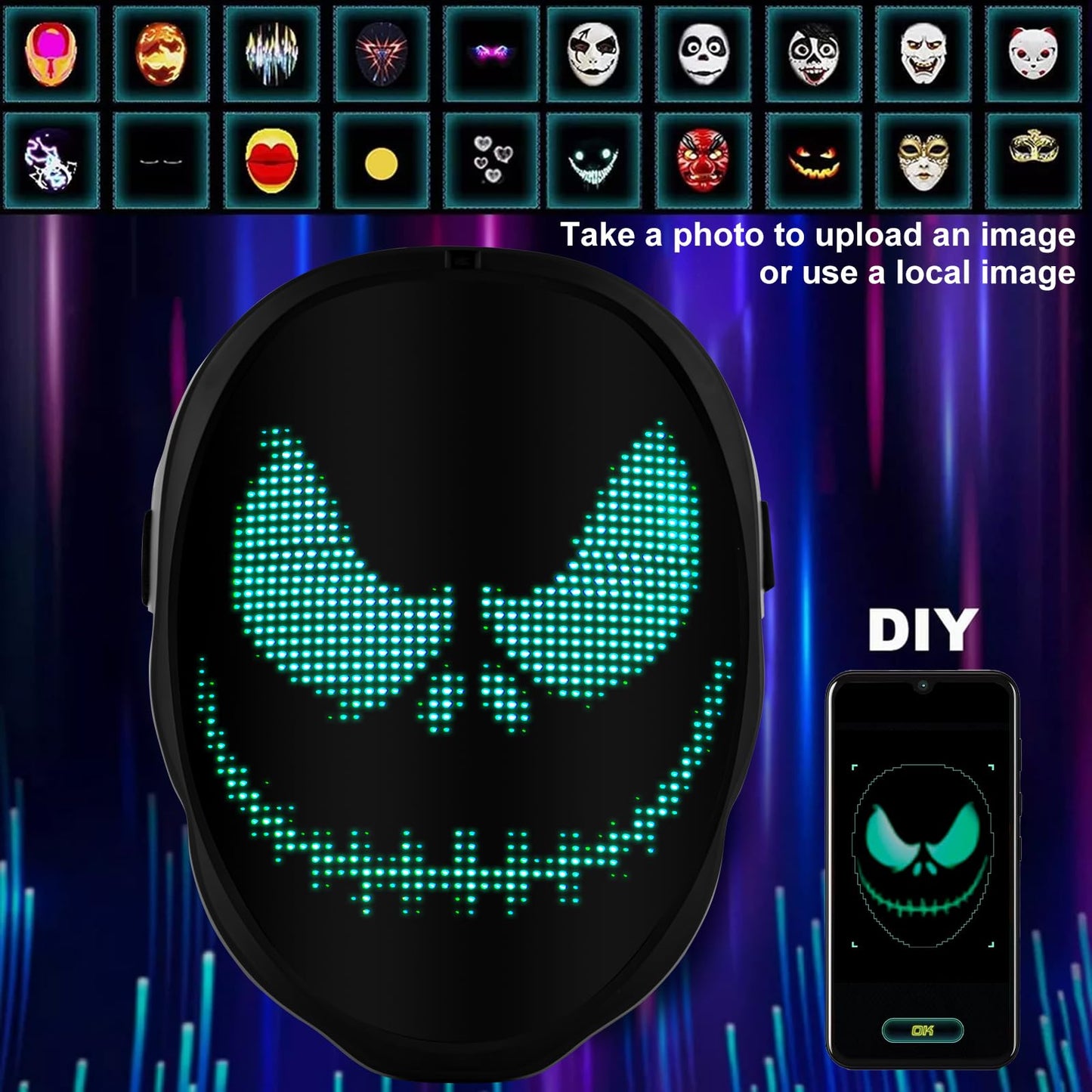 Ouvibyaz LED Mask with Bluetooth Programmable App,Gesture Sensing,Audio Interaction,USB Rechargeable Glowing LED Mask for Adults and Kids Halloween Mask