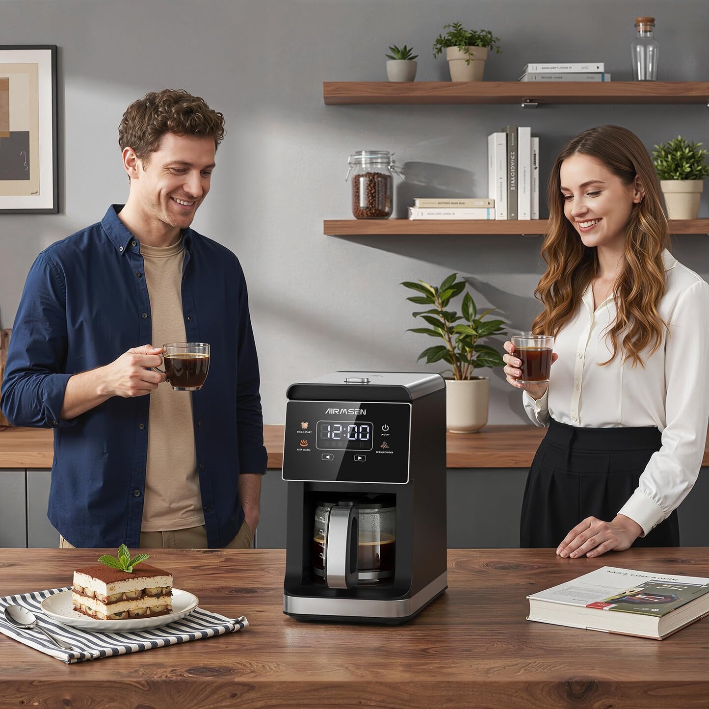 AIRMSEN Grind & Brew Coffee Maker with Built-in Grinder, Programmable Single Serve Coffee Maker - 5 Cup-800ML, 3 Grind Settings, Auto Keep Warm & Glass Carafe for Small Home and Office