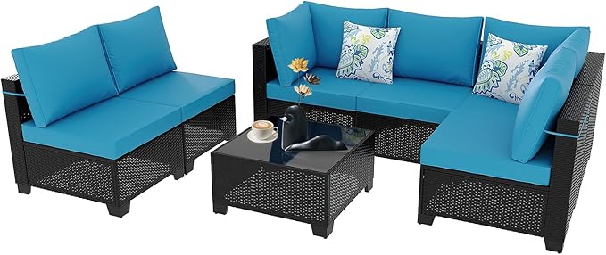 Ophelian 7 Pieces Outdoor Conversation Sectional Rattan Sofa, Patio Furniture Set, with Wicker and Cushions for Garden and Backyard, (Coffee/Peacock Blue)