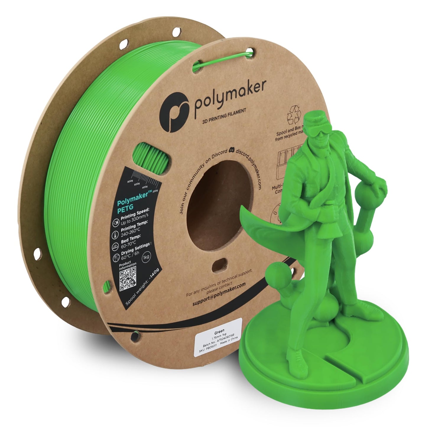 Polymaker PETG Green 3D Printer Filament 1.75mm 1kg, High Speed PETG up to 300mm/s, High Strength New Formula, Excellent Layer A