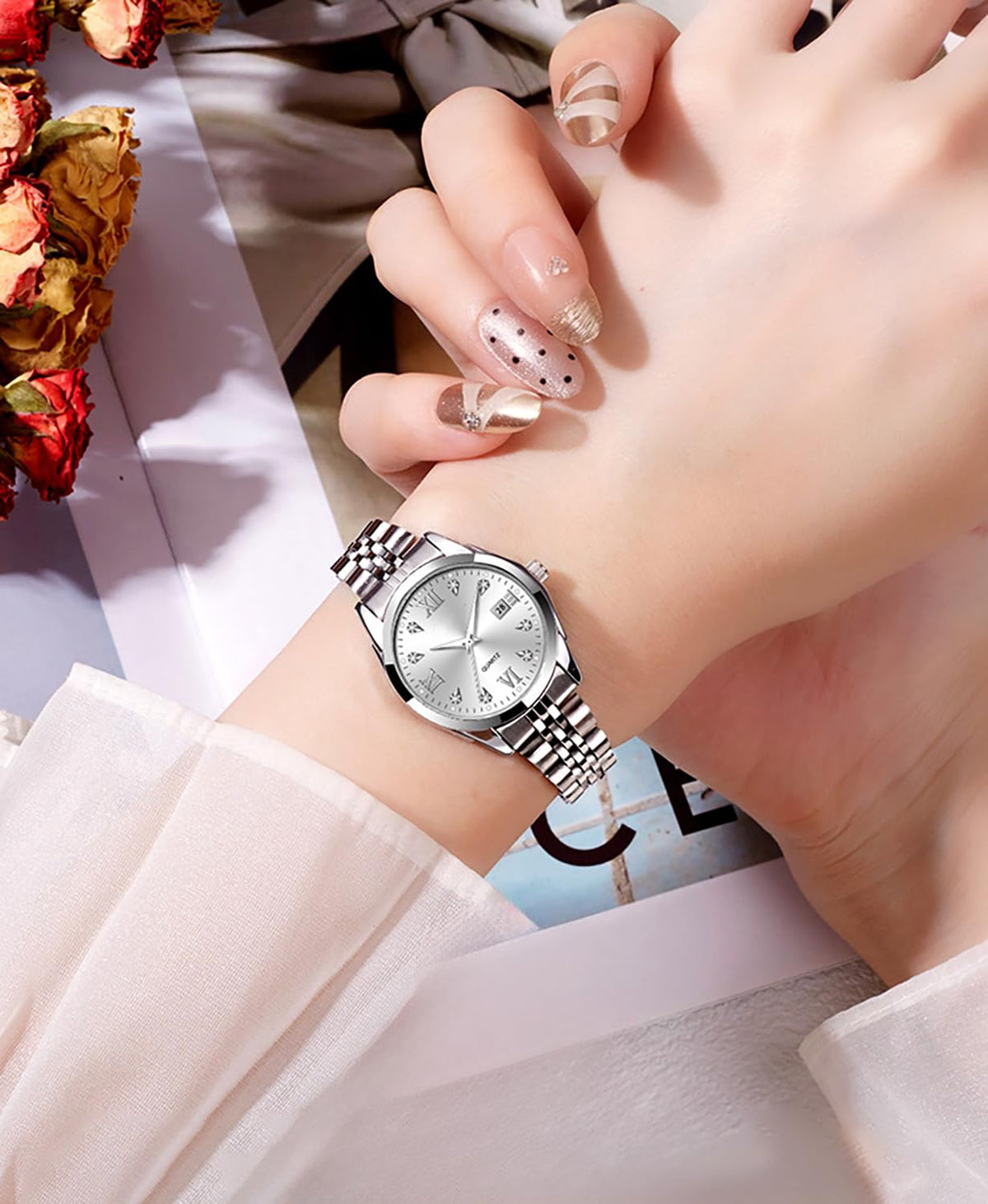 Women's Bracelet Watch Stainless Steel Quartz Watch Luminous Waterproof Watch Business Watches for Women (White)