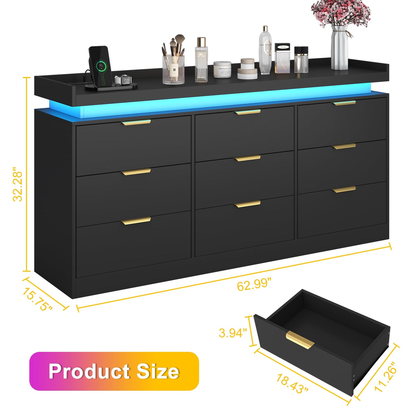 knoworld 9 Drawer Dresser for Bedroom, Black Dresser with LED Lights and Power Outlet, Large Dresser Wooden Long Dresser, Triple Wide Drawer Dresser for Bedroom, Entryway, Hallway