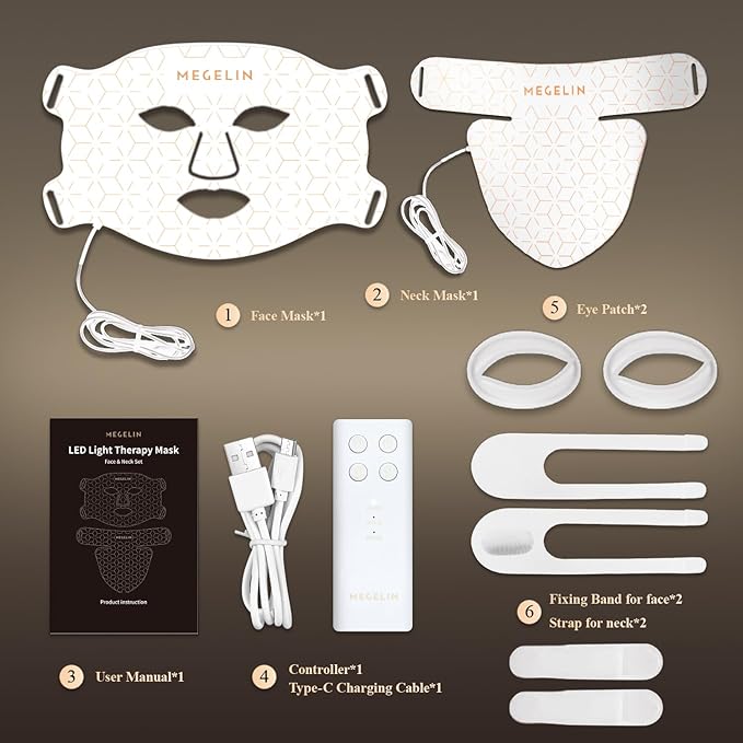 MEGELIN Led Red Light Therapy Face & Neck Mask, 7 Colors Led Light Therapy Facial Mask, Infrared Red Light Therapy Mask, Infrared Light Skin Rejuvenation(White)