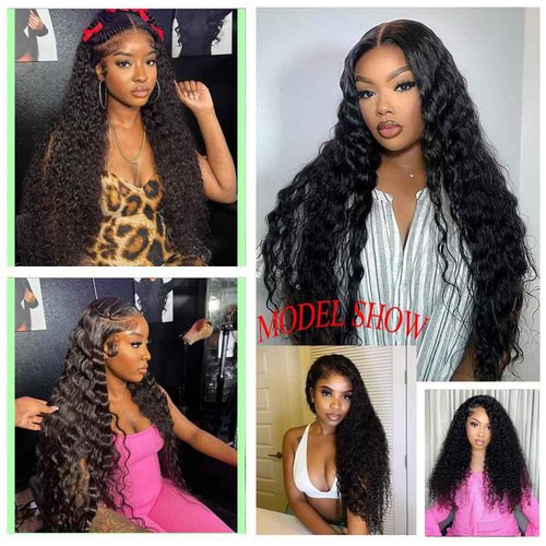 Hoyrhra 13x4 Deep Wave Lace Front Wigs Human Hair 200 Density HD Full Lace Frontal Wigs Pre Plucked Bleached Knots Curly Human Hair Wig 20 Inch Wigs for Black Women
