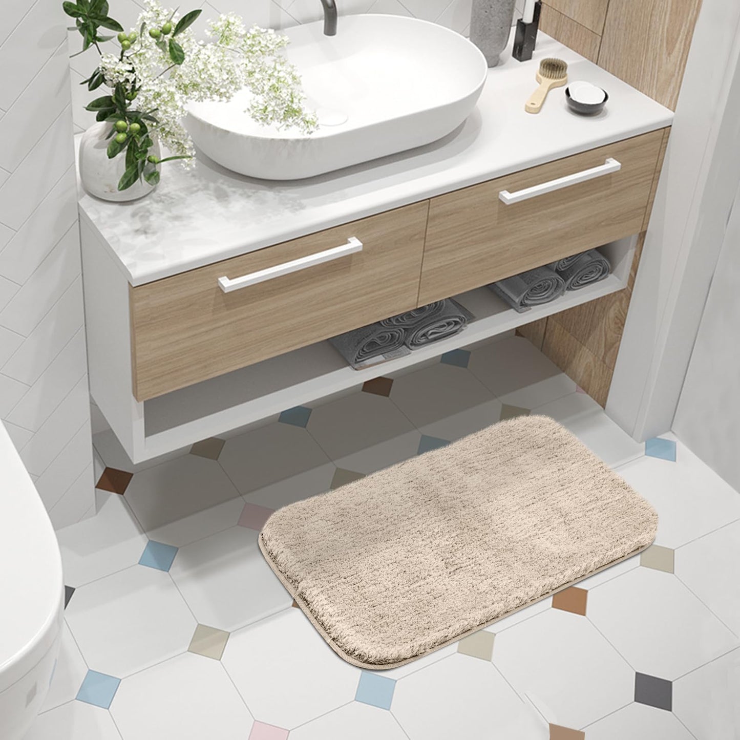 ROSMARUS Shaggy Bath Rugs for Bathroom Non Slip 17" X 24", Water Absorbent Bath Mat, Soft Shower Mat for Floor & Tub, Fluffy Plush Machine Washable, Beige