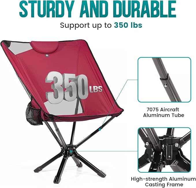 TCEK Portable High Back Camping Chair with Adjustable Height, Small Compact Outdoor Folding Chair for Adults Travel, Riselite Collapsible Lightweight Packable Camp Chairs, Easy Carry and Quick Setup