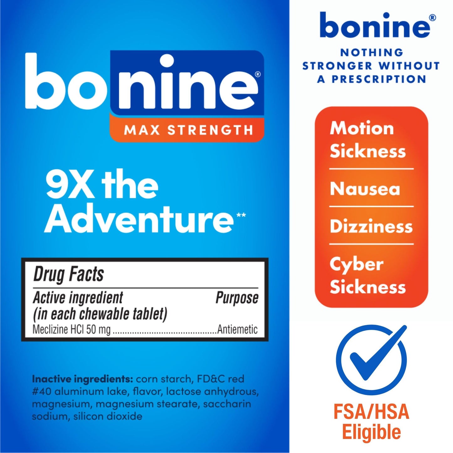 Bonine MAX Chewable for Motion Sickness Relief - with Meclizine HCL 50mg - Max Strength Formula to Treat Nausea or Motion Sickness - Cruise Essentials - Peppermint - 16 Chewable Tablets, 3 Pack