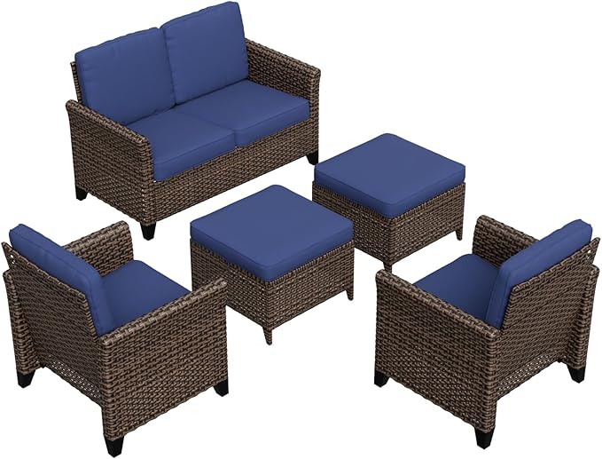 COOS BAY Harbor Retreat 5 Piece Outdoor Furniture Set, Patio Conversation Set with Patio Chairs, 2 Seat Loveseat and Ottomans, Wicker Furniture, Brown/Blue