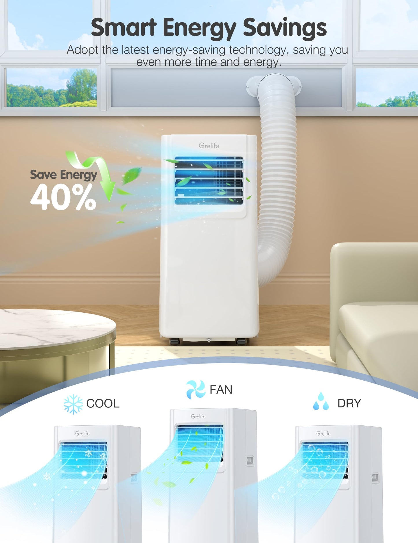 Portable Air Conditioner,Grelife 8000Btu 4-In-1 Ac Unit With Fan, And Dehumidifier For Up To 350 Sq. Ft. Featuring Smart/Sleep M