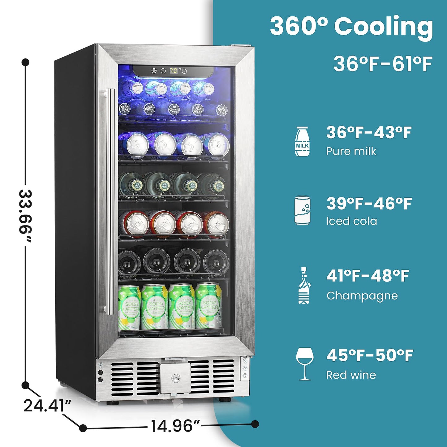 Antarctic Star 115 Can Beverage Refrigerator Cooler, 2.9 Cu.Ft Mini Fridge with Safety Lock, Beverage Cooler with Glass Door/LED Light/Adjustable Removable Shelves for Home/Office/Bar(Stainless Steel)
