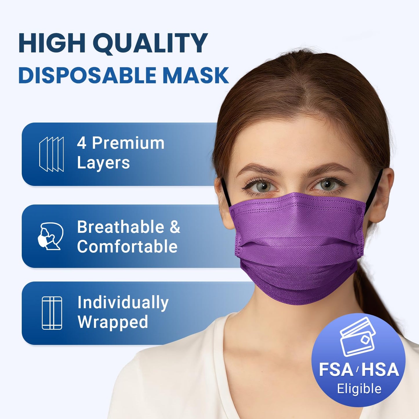 Disposable Face Mask for Adults - 4 Ply Protection, Individually Wrapped 50 Pack, 10 Colors, Breathable Comfortable & Safe