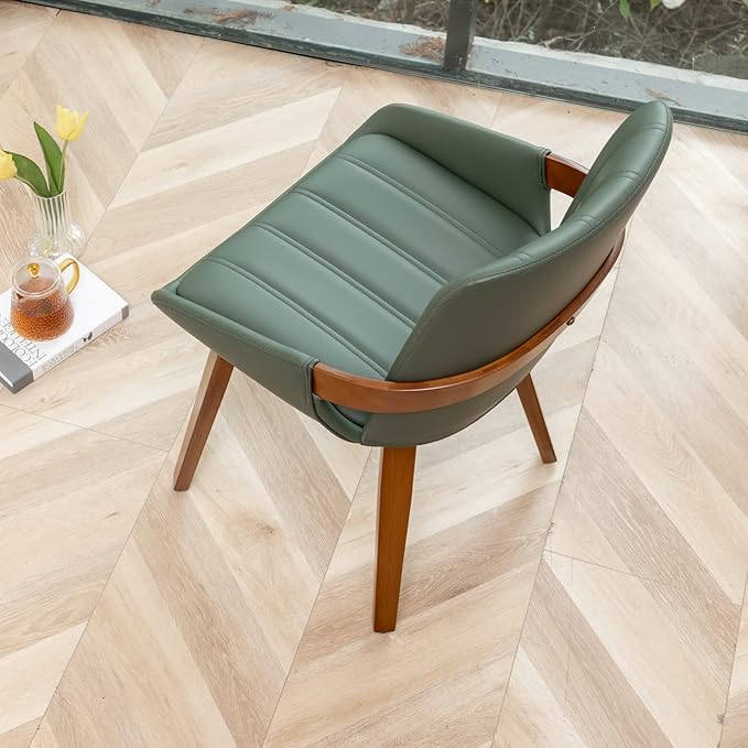 YOUUGIOR Mid Century Modern Faux Leather Upholstered Dining Room Chairs,Armless Accent Chairs with Sturdy Natural Wood Legs,Bamboo Backrest Support for Kitchen&Dining Room Chairs(1PCS,Green)