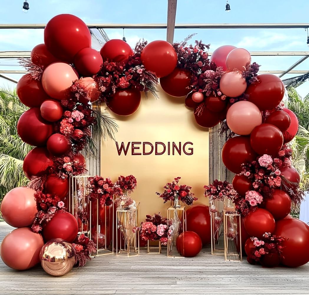 Red Pink Balloon Garland Double Stuffed Burgundy Gold Balloons Dark Red Dusty Pink Gold Balloon Arch Kit for Bridal Shower Wedding Birthday Girl's or Mom's Party Decoration