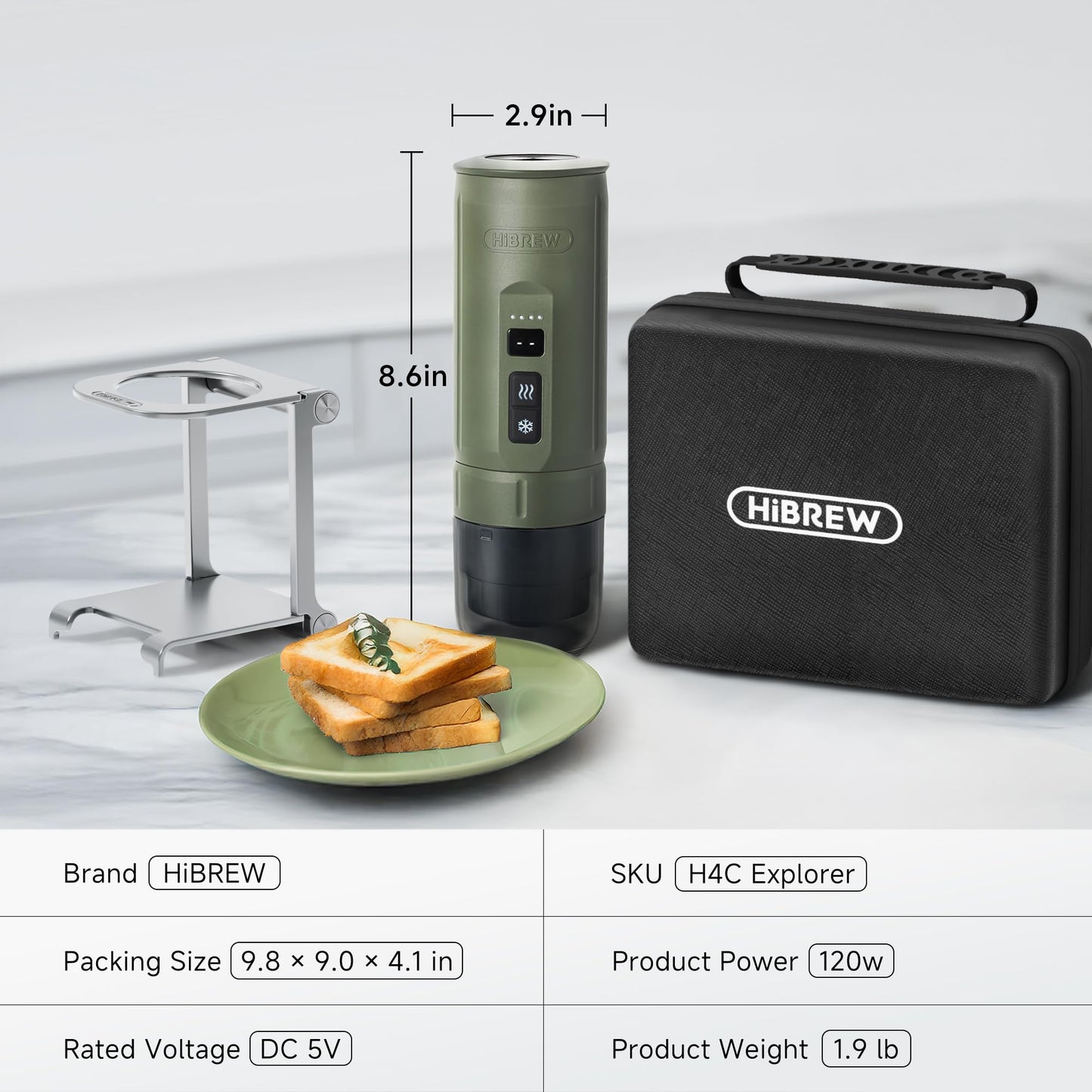 HIBREW H4C Explorer - Portable Electric Espresso Machine, USB-C Rechargeable Coffee Machine for Camping and Travel, Compact for Capsules & Ground Coffee, with Foldable Holder & Carrying Case (Green)