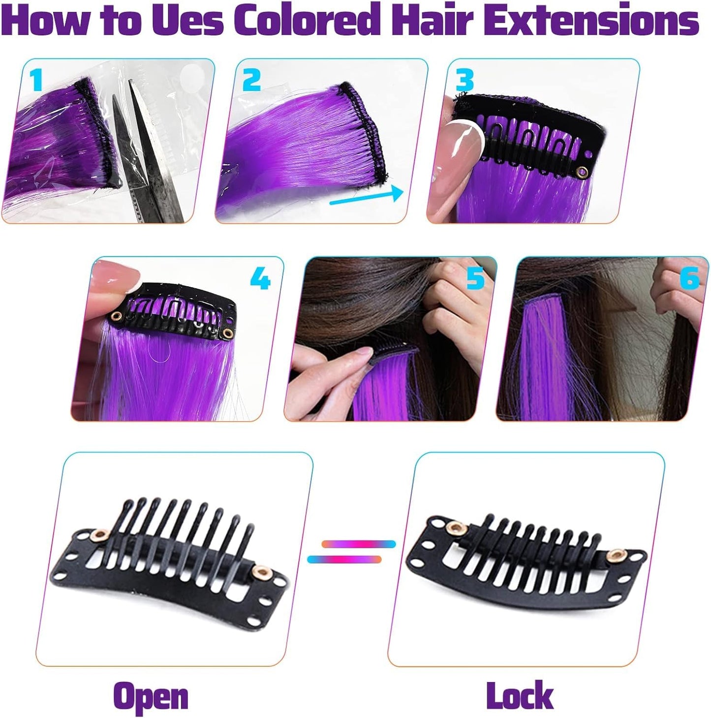Clip In Colorful Long Hair Extension Hair Highlights Hair Streaks (Lavender - Straight - 2 PCS)