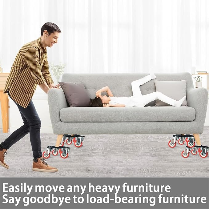 Furniture-Movers-with-Wheels-Dollies,Furniture-Dolly 360°Rotatable and Lockable,Furniture Sliders with 5 Wheels Rubber Silent Furniture Lifter Tool Set,3300 lbs Load Capacity,6.3×6.3IN Red