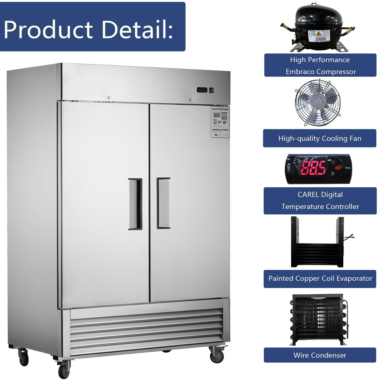 Commercial Refrigerator 54"W 2 Section 2 Solid Door Stainless Steel Interior and Exterior Construction Upright Fan Cooling