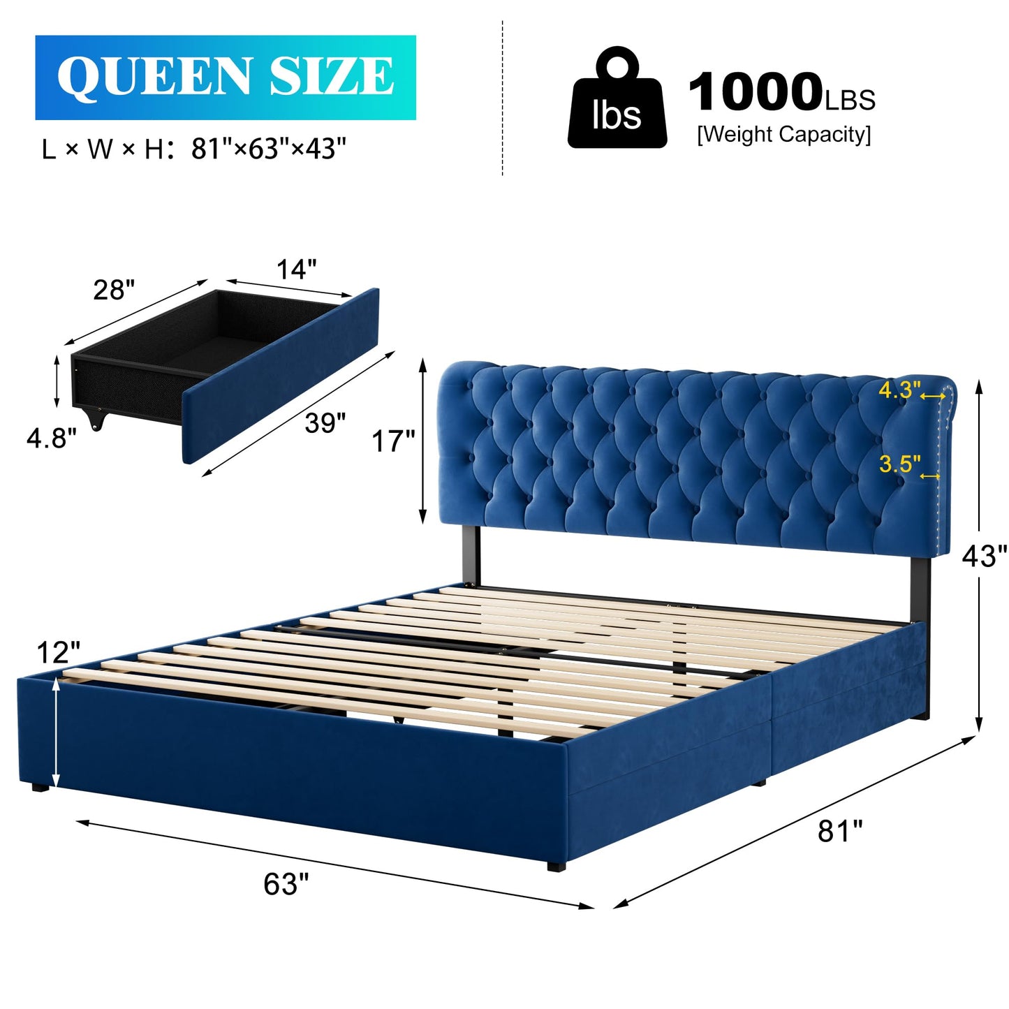 LegacyAmerhome Queen Bed Frame with Headboard, Upholstered Platform Bed Frame Queen Size 4 Drawers Storage, Metal Bed Adjustable Tufted Headboard, No Box Spring Needed, Wood Slat Support, Velvet Blue