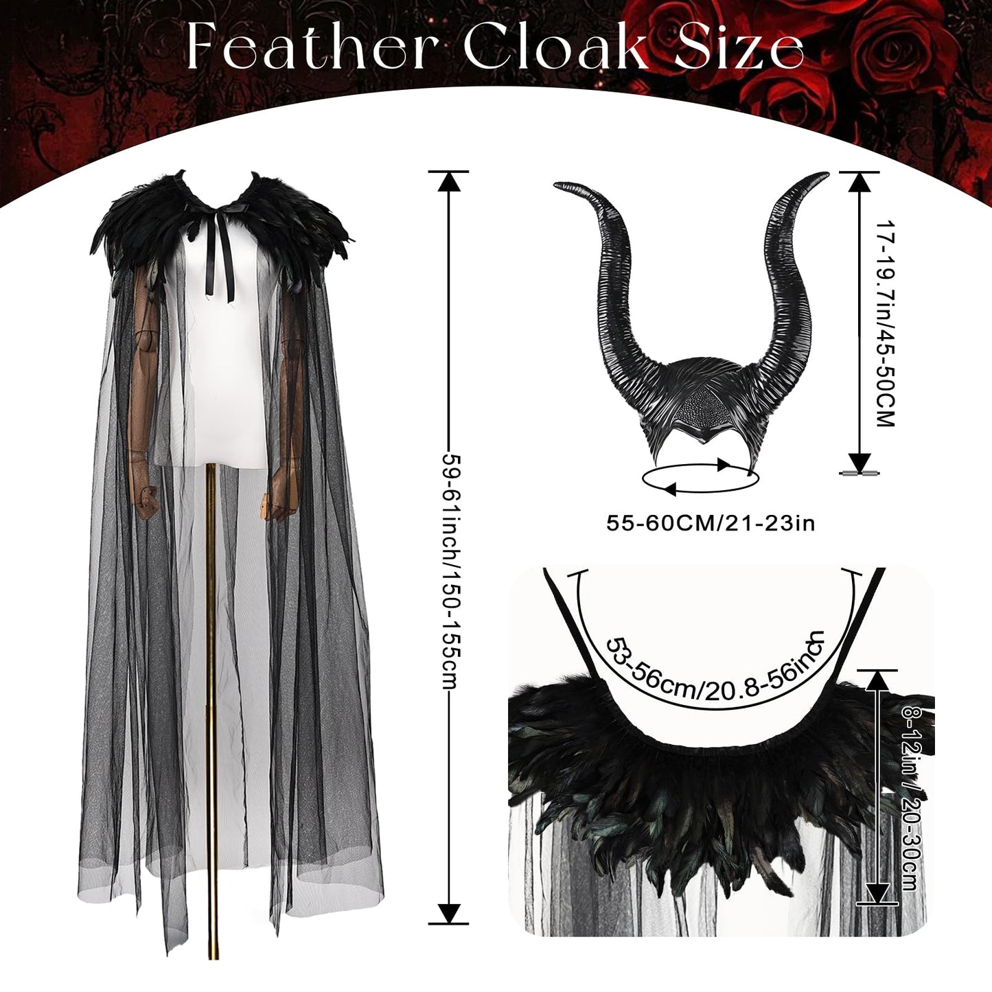 MAOFENG Women's Gothic Evil Queen Costume Demon Horns with Black Feather Collar Mesh Cloak Set for Halloween Cosplay Party