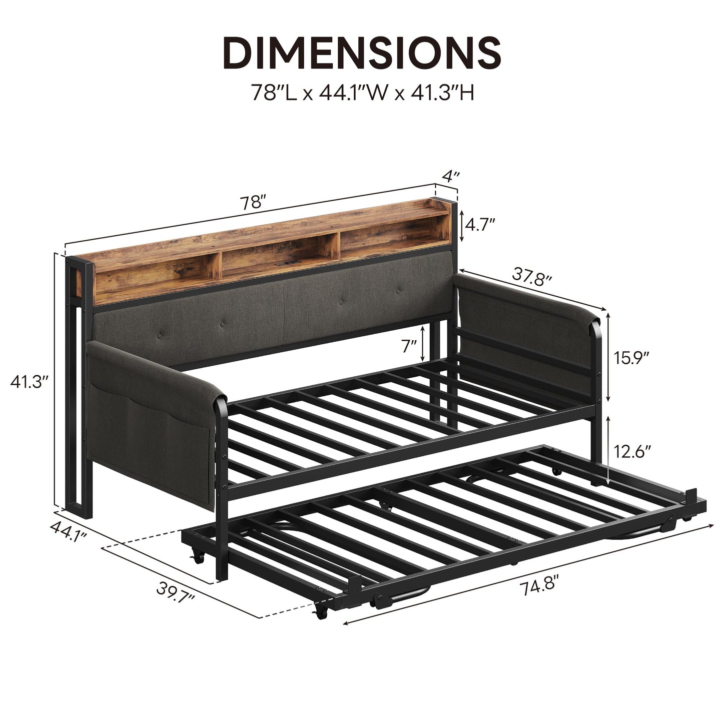 LIKIMIO Daybed with Trundle, Twin Bed Frame with Upholstered Headboard and Charging Station, Sofa Day Bed with Strong Supports for Living Room, Bedroom and Guest Room, Black