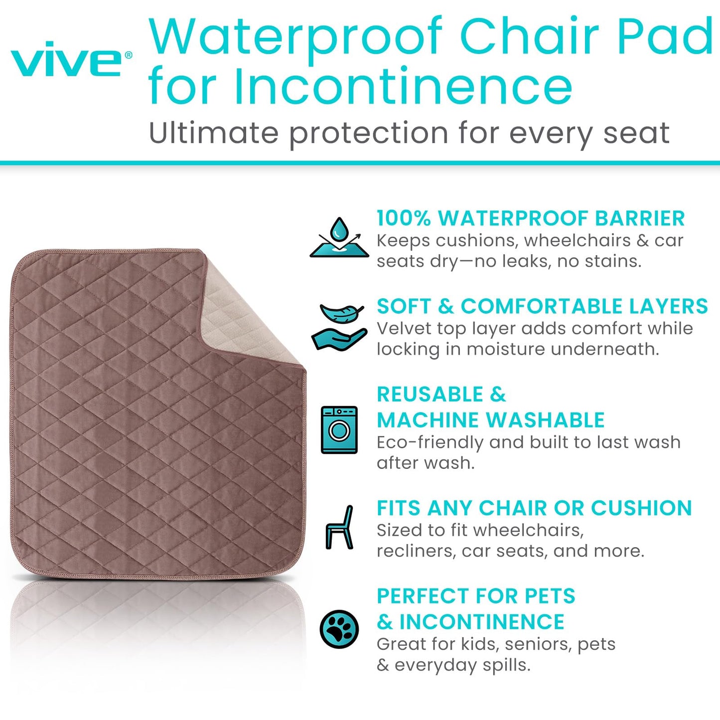 Sures Waterproof Chair Pads for Incontinence (22" x 21") - Washable, Waterproof Seat Protector - Chair Protector Seat Cover - Absorbent Pad for Bed, Seat, Car, Wheelchair & Recliner (Brown, 1 Pack)