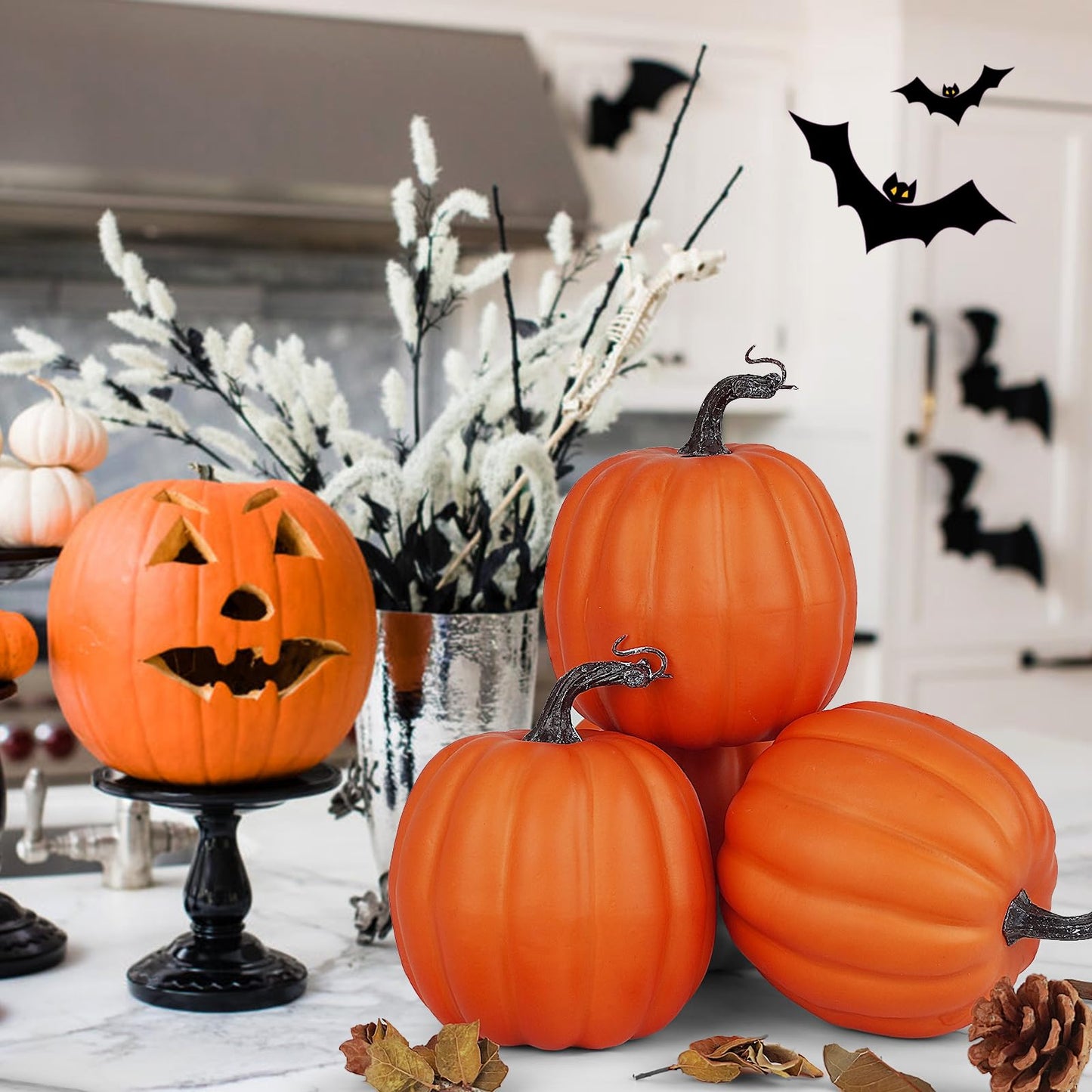 Artmag 6 Inch Large Artificial Pumpkins, 4PCS Big Orange Faux Foam Harvest Pumpkins for Fall Autumn Thanksgiving Seasonal Holiday Decor