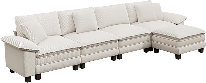 PHI VILLA Cloud Modular Couch Sets, 157.5" Sectional Sofa with L-Shaped Chaise Ottoman, 5-Seater Couches with Upholstered Deep Seat for Living Room Chenille Corduroy Dual Fabric, Beige