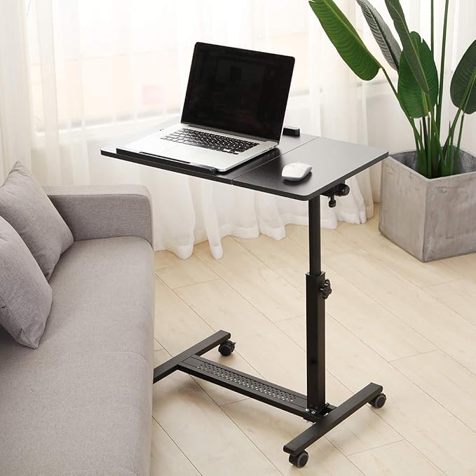TigerDad Over Bed Table with Wheels Adjustable | Rolling Laptop Table Overbed Desk Hospital Tray Table Sofa Chair Side Table (Black)