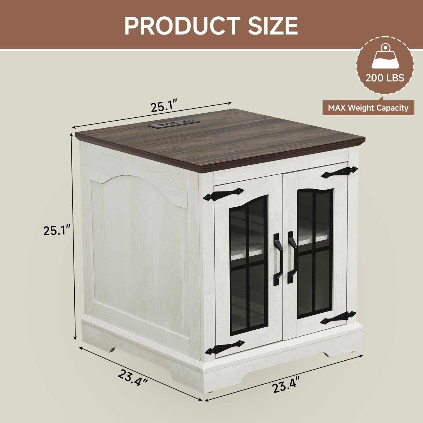 TRONLEE End Table with Charging Station, 23.6" Large Farmhouse Square Nightstand with Glass Barn Door, Sofa Side Table with Adjustable Storage Shelf for Living Room, Bedroom (White Walnut)