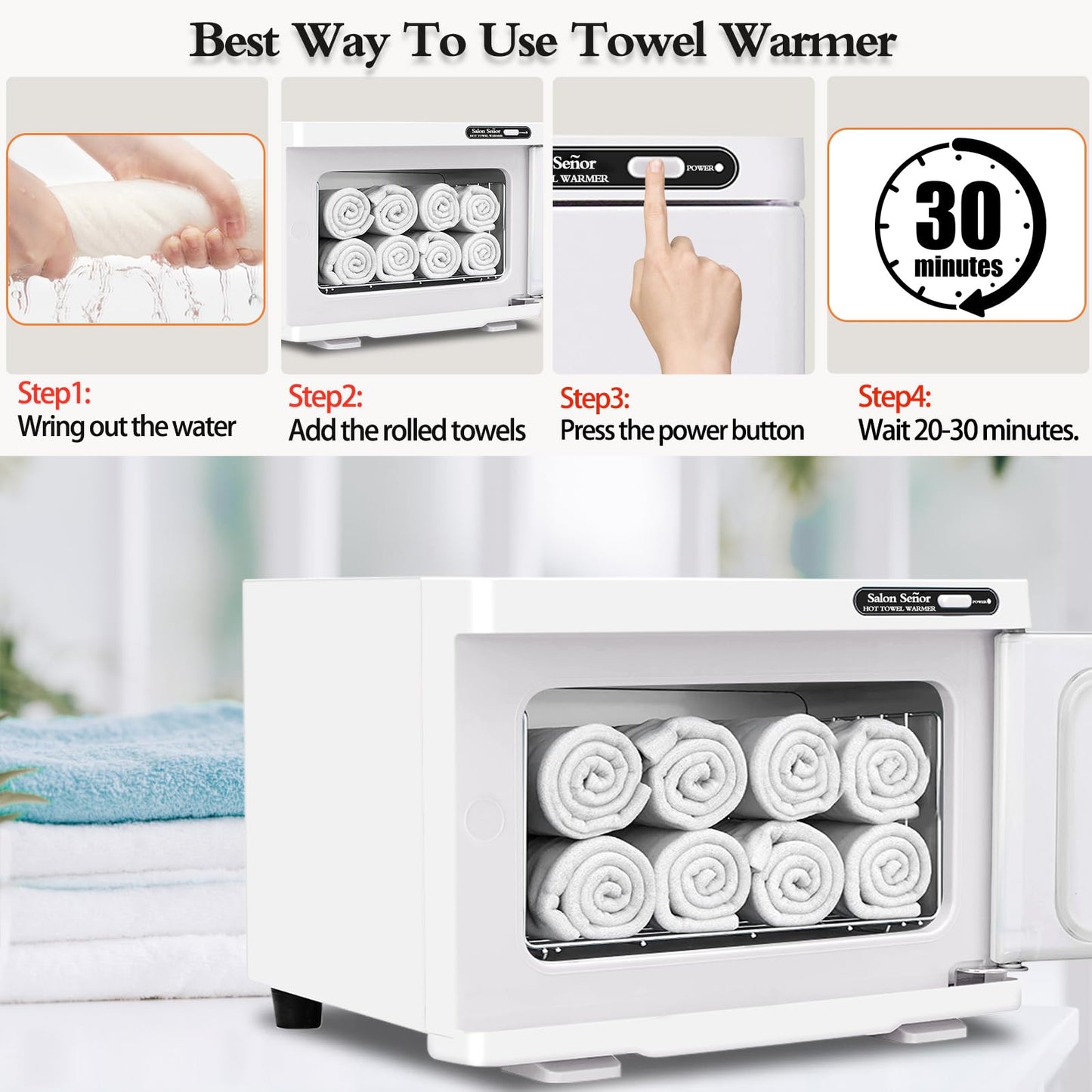 Salon Seor Hot Towel Warmer Cabinet 8L Towel Caddy for use in Facial Spas Salons and Home Use with Essential Oil Spot White