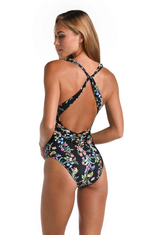 Sunshine 79 Womens Plunge Mio One Piece Swimsuit, Black//Wildflower Vines, 12 US