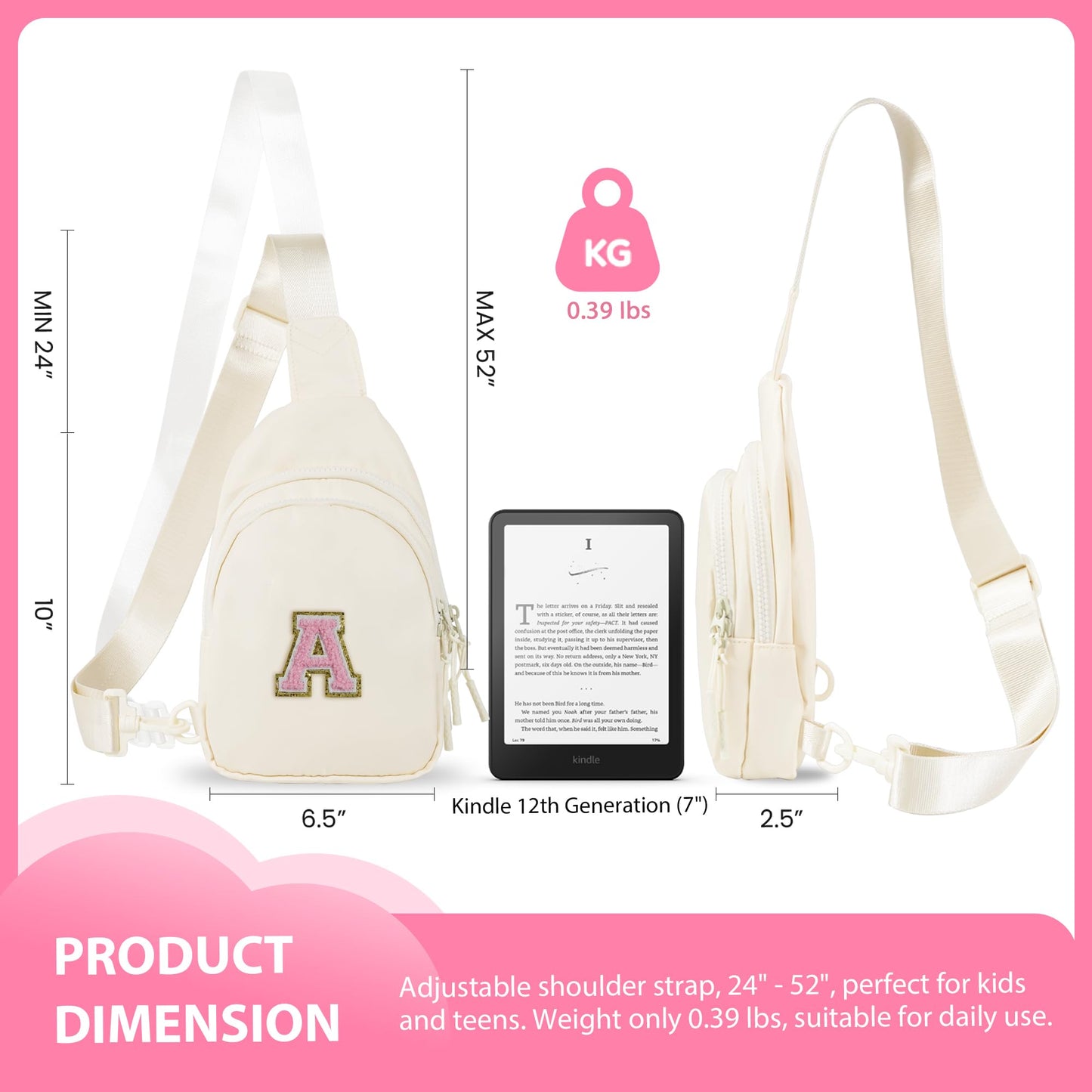 Bomvabe Crossbody Bag for Teenage Girls with Extender Strap 32"-52", Birthday Gift for 6 to 14 Year Old Girls, Sling Bag for Kids and Tweens, Cream with Initials A