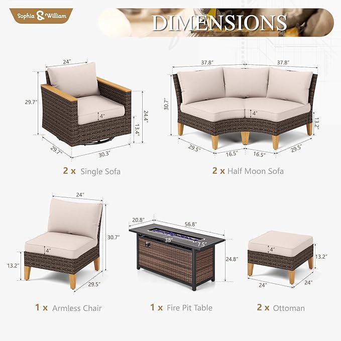 Sophia & William Half Moon Patio Furniture Set with Fire Pit Table & Swivel Chairs, 10 Piece Curved Outdoor Sectional Sofa Modular Wicker Patio Conversation Couch Set for Deck Backyard Lawn, Beige