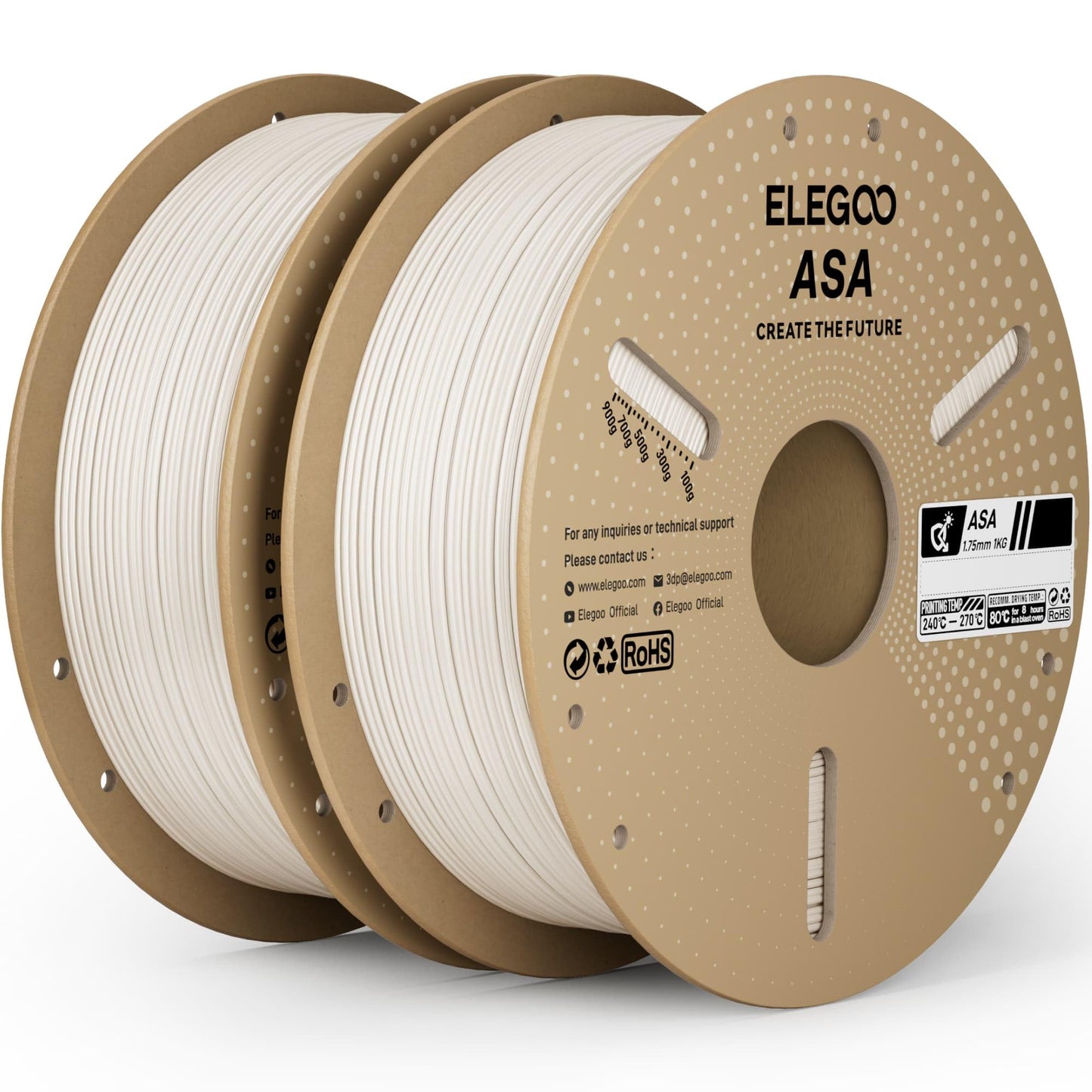 ELEGOO ASA Filament 1.75mm White 2KG, UV & Weather Resistant 3D Printer Filament for Outdoor Functional Parts, High Impact Stren